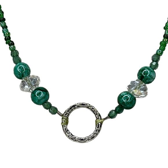 Beaded Necklace Green and Silver Tone Long Necklace Handmade - Picture 4 of 12